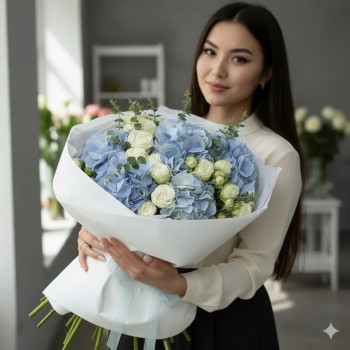 Букет из голубых гортензий итбелых роз