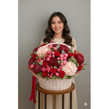 Корзина букета из хризантем, гортензий, роз, спрей роз и эвкалипта